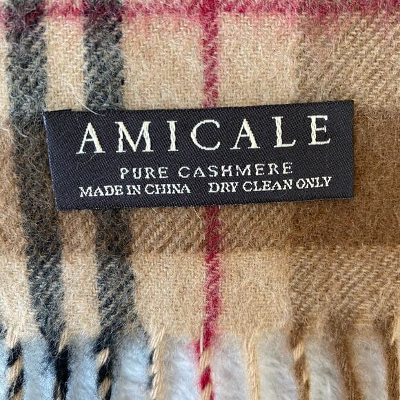 Amicale Pure Cashmere Scarf Tan Red Black Plaid Unisex 62 x11.5 Rectangle - Picture 4 of 4